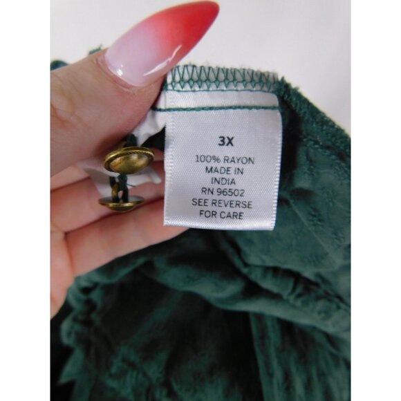 Dressbarn Shirt Womens 3X Green Smocked Henley Peasant Boho Rayon Long Sleeve - Picture 11 of 12